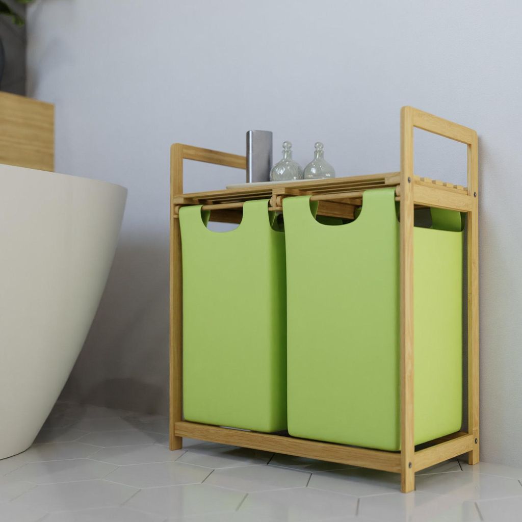 Bambus Wäschekorb Grün mit Ablage Wäschebehälter Sammler Sortierer Truhe Organizer Trenner 2x30L