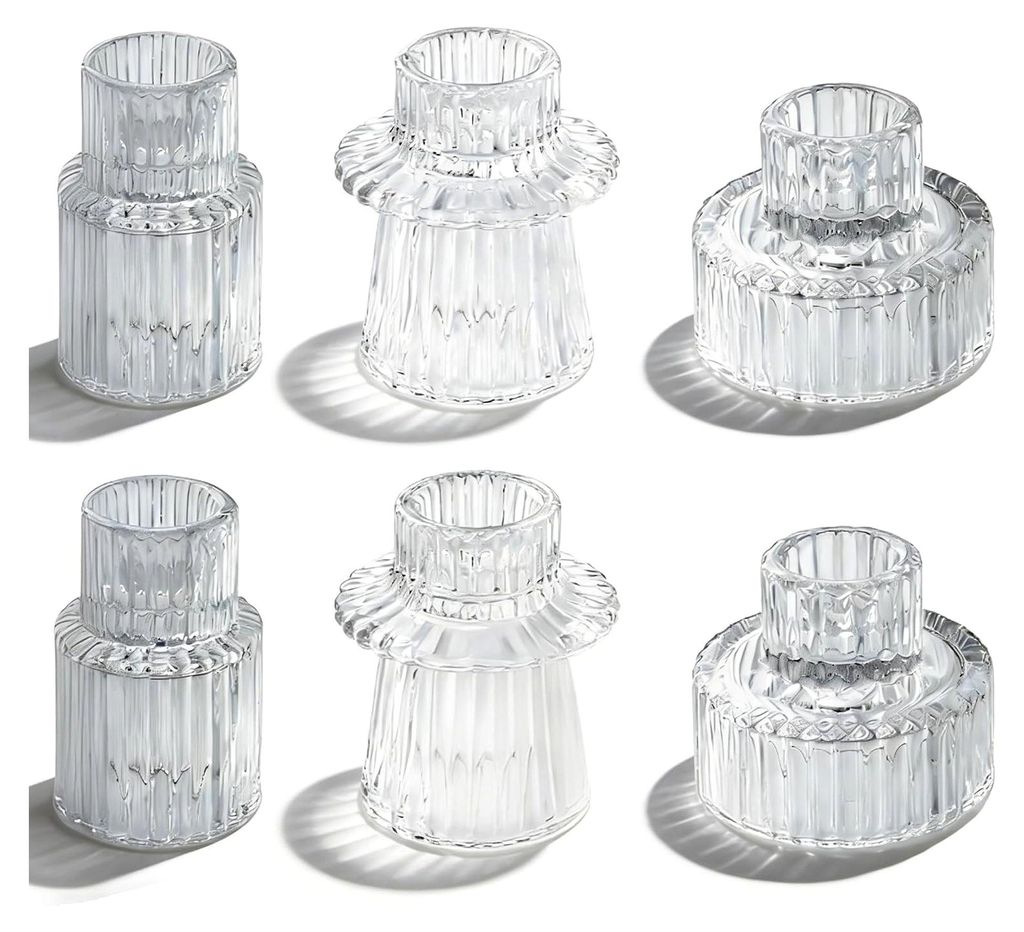 Kerzenständer aus Glas 2-in-1, 6er Set für Stabkerzen, kleine Teelichthalter transparent für Hochzeits- und Tischdekoration, Esstisch, Party, We...