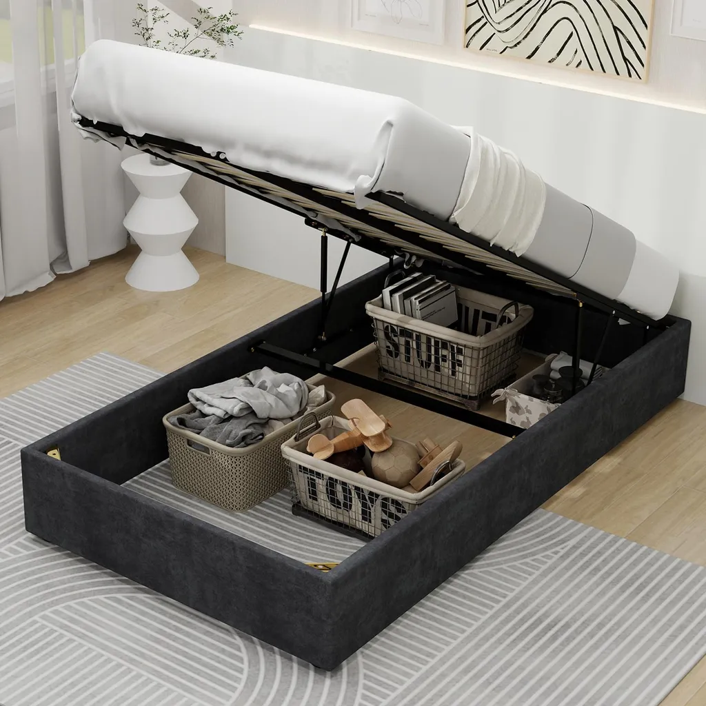 Lit simple gris 90x200 sans tête de lit avec système de vérins à gaz