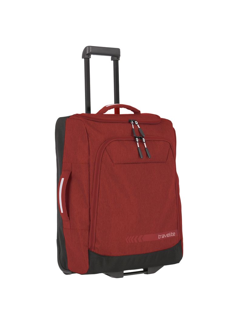 A red and black rolling suitcase on a white background.
