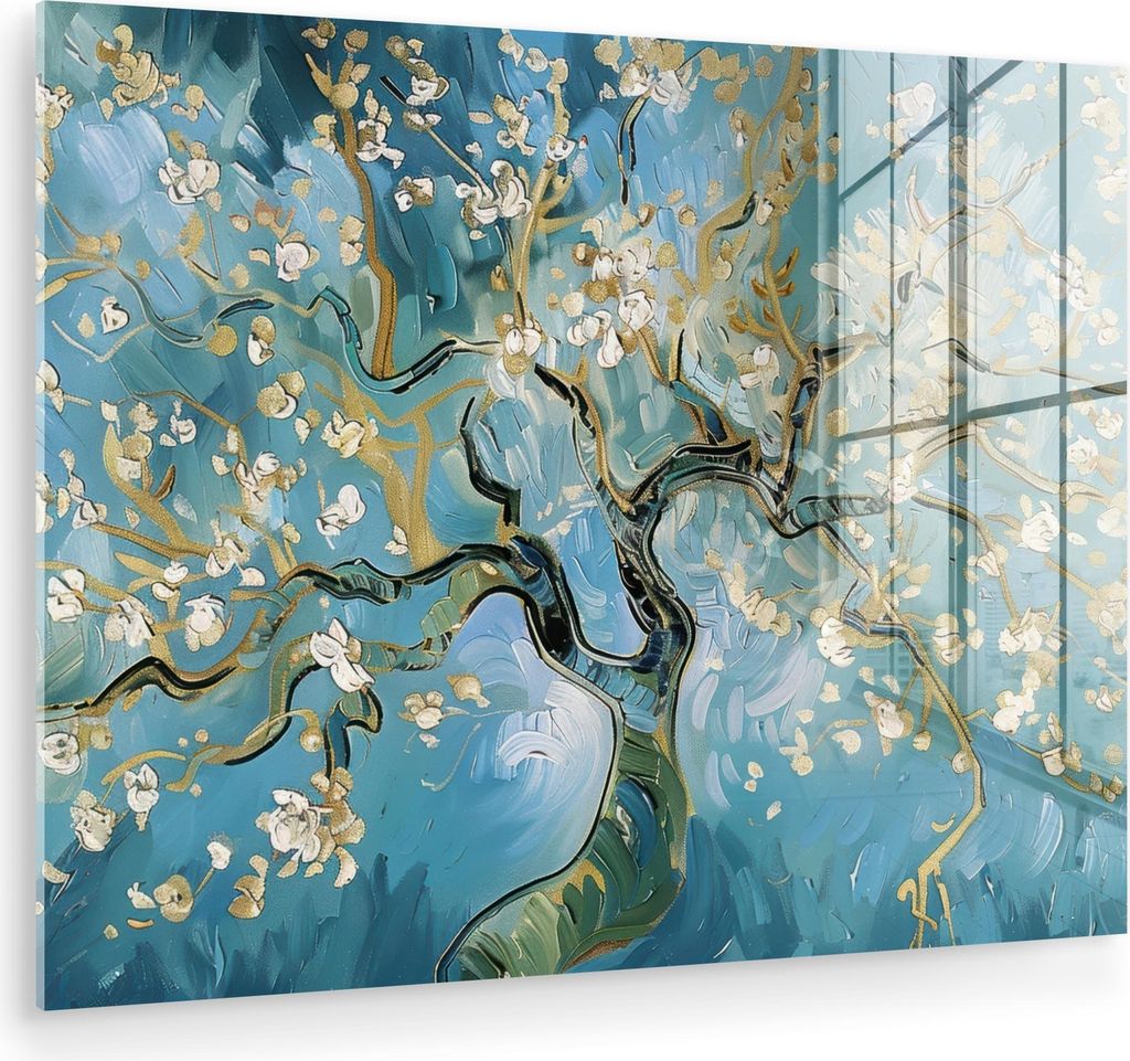 MuchoWow Glasbilder - Bilder auf Wandbild - Foto auf Glas Mandelblütenbaum - Blau - Abstrakt 40x30 cm Wanddekoration aus Glas - Acrylglasbild - Ac...