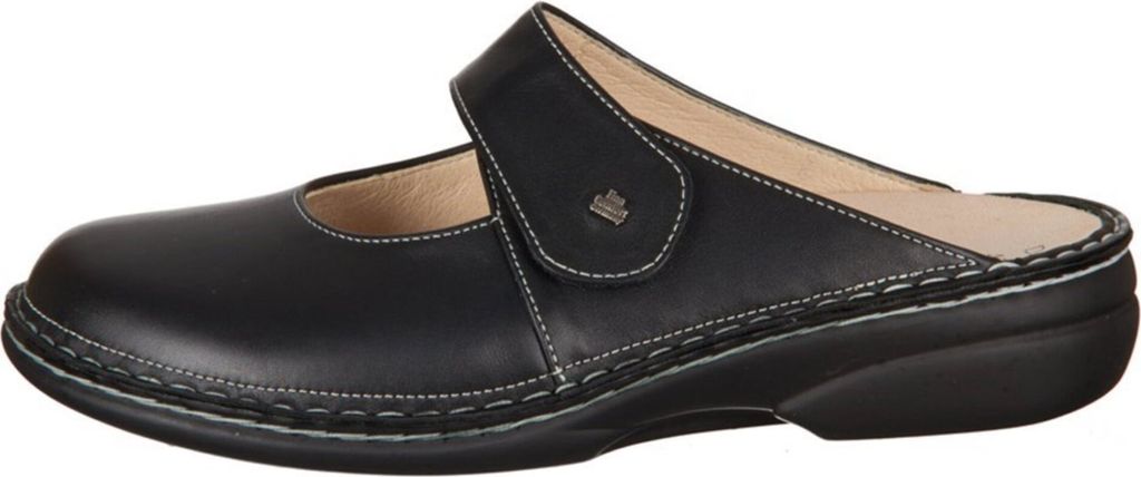 A black leather clog with a strap across the top, shown from the side against a white background.