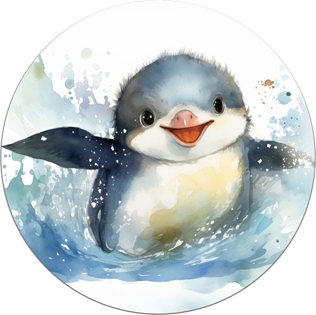 Wallario Premium Glasbild, freischwebende Optik, kräftige Farben, rund 50cm Durchmesser, Motiv Pinguin in Aquarell