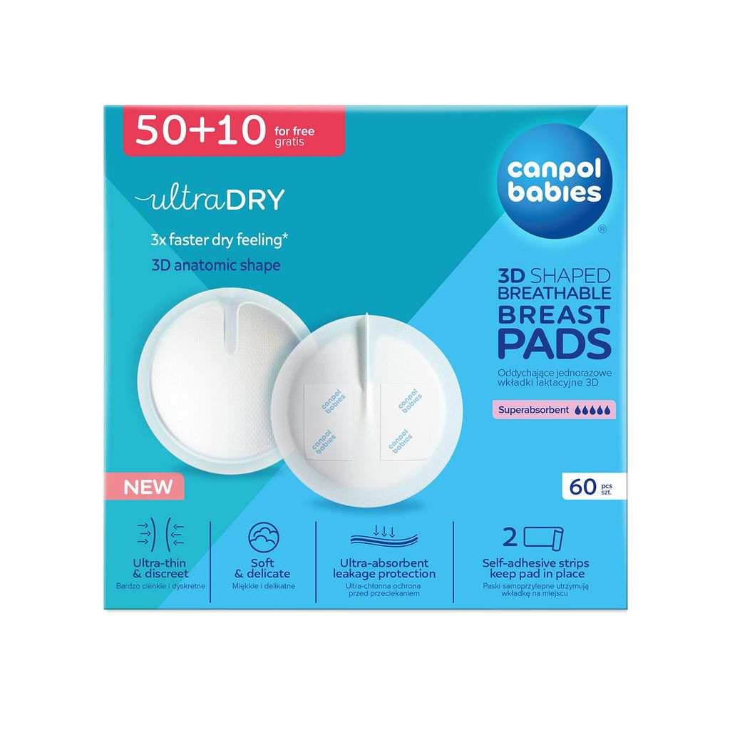 The image shows the front of a product box for Canpol babies breast pads.
