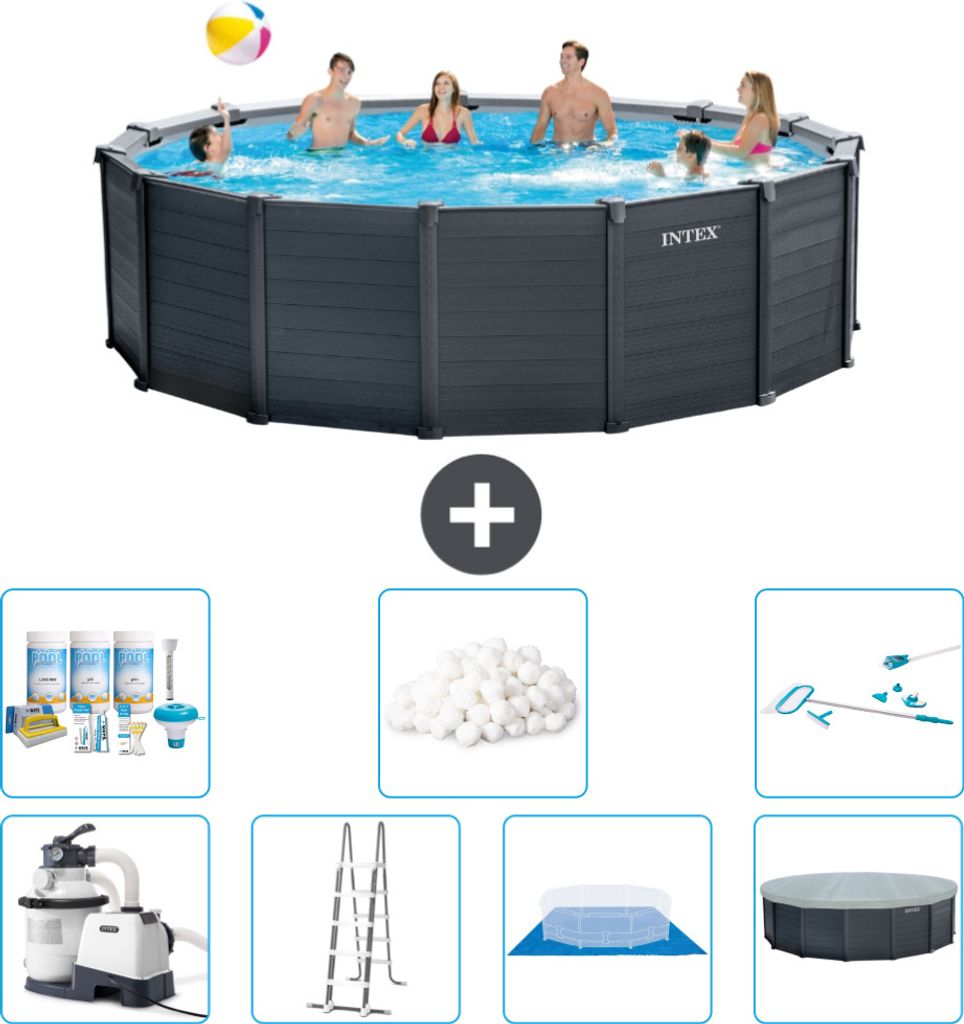 Intex runder Pool mit graphitgrauem Paneel – 478 x 124 cm – inklusive Pumpe – Leiter – Bodenplane – Abdeckung Wartungspaket - Filterbäll...