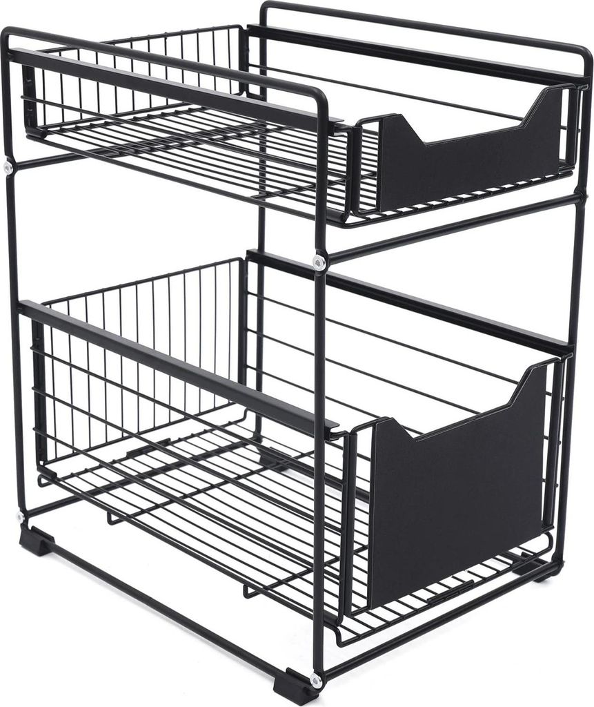 Küchen-Organizer - Aufbewahrungsregal - 2 Ebenen - Ausziehbare Schubladen - Kohlenstoffstahl - Bodenstehend - Für Spüle/Arbeitsplatte/Ecke - Sch...