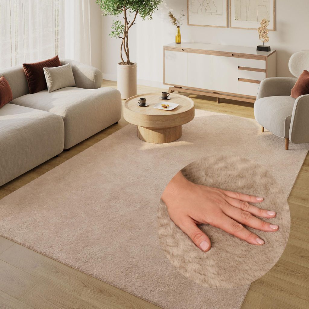 Tapiso Kurzflorteppich LUMI weich hellbraun Wohnzimmer Produktbild 
