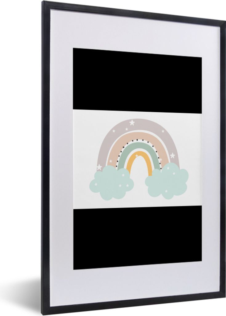 MuchoWow Gerahmtes Poster Regenbogen - Sterne - Punkte - Wolken - Kinder 60x40 cm - Poster mit Schwarzem Bilderrahmen Wandposter Rahmen Foto Bild...
