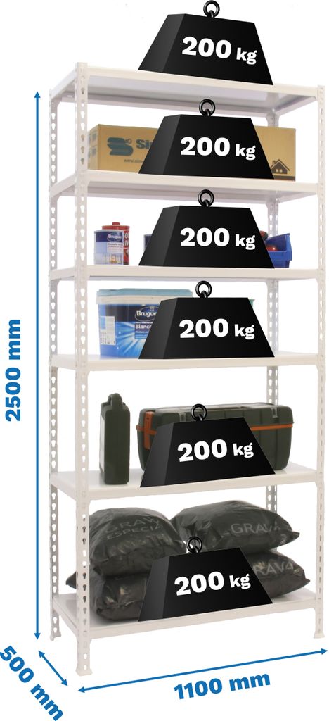 PROREGAL Schwerlastregal GIANT METAL SHARK | HxBxT 250x110x50cm | Fachlast 200kg | Weiß