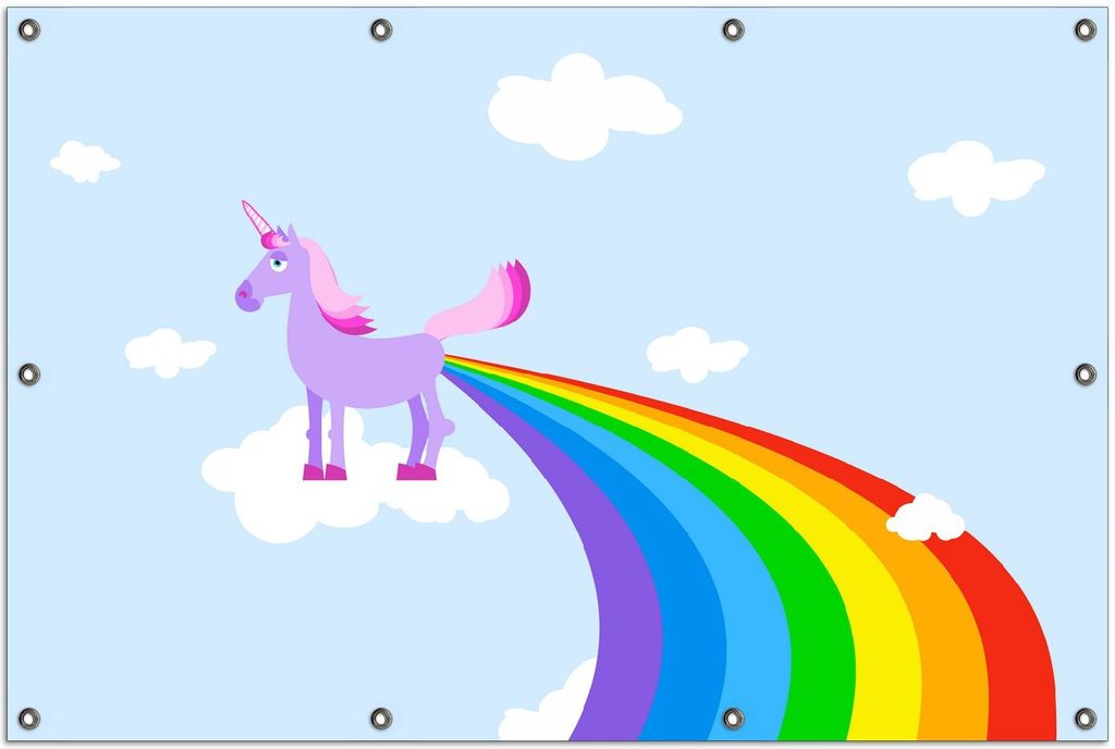 Wallario Outdoor-Poster für Garten oder Balkon, Motiv Einhorn mit Regenbogen aus dem Hintern, in ca. 100 x 150 cm