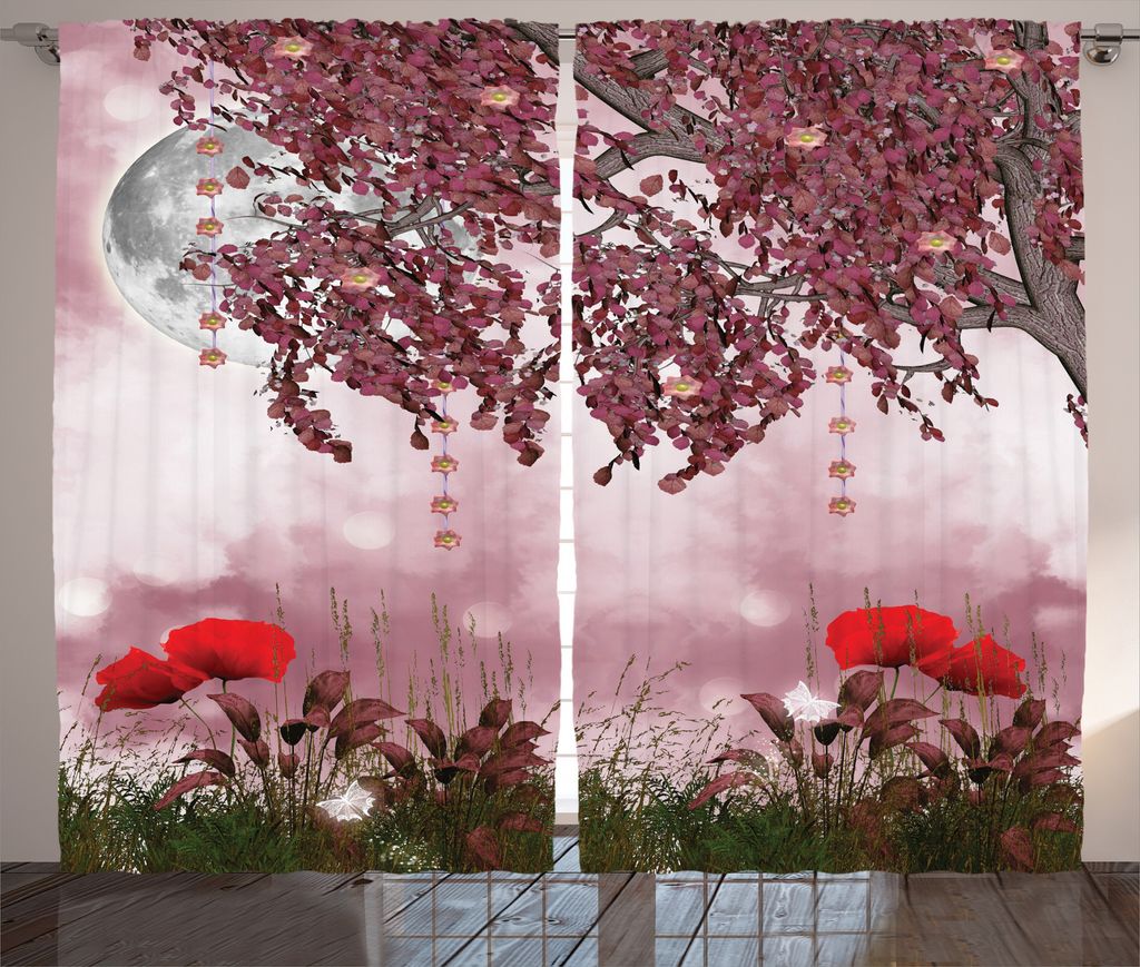 ABAKUHAUS Baum Rustikaler Vorhang, Traumgarten mit Mohnblumen, Wohnzimmer Universalband Gardinen mit Schlaufen und Haken, 280 x 175 cm, Lila Rot