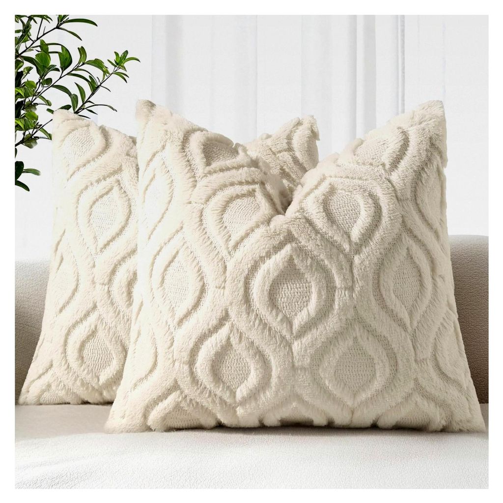 2er Set Kissenbezüge aus Kunstpelz 45x45 cm Dekorative Plüsch Kissenhülle Quadratisch Boho Beige