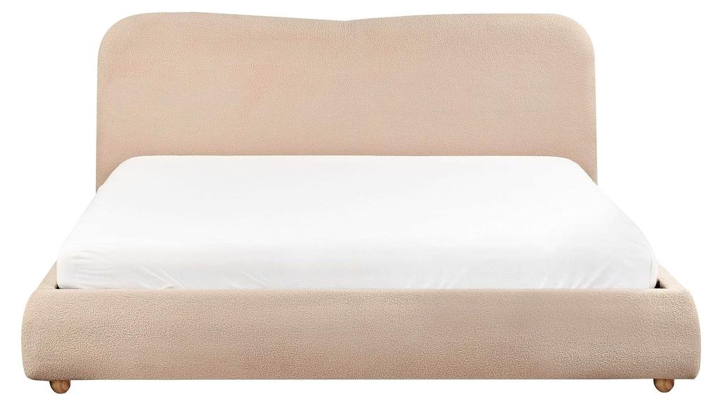 Bett Bouclé beige mit Kopfteil und Bettkasten, Lattenrost 180 x 200 cm, modern