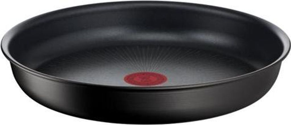 A black frying pan with a red indicator in the center, isolated on a white background.
