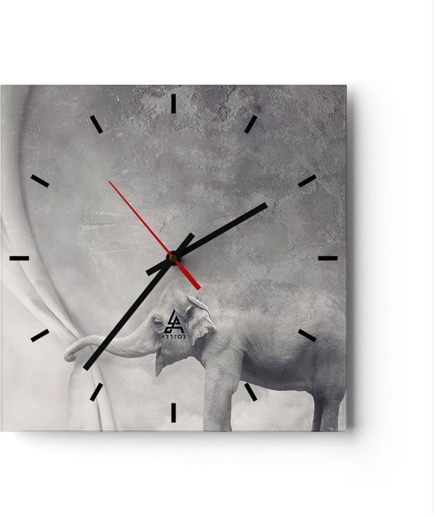 Wanduhr - Quadrat - Glasuhr - Elefant Vorhang Abstraktion Phantasie - 40x40cm - Schleichendes Uhrwerk - Lautlos - zum Aufhängen bereit - Dekoratio...