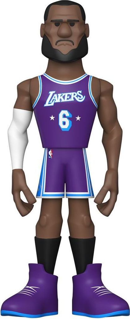 A stylized vinyl figure of LeBron James in a Los Angeles Lakers uniform.