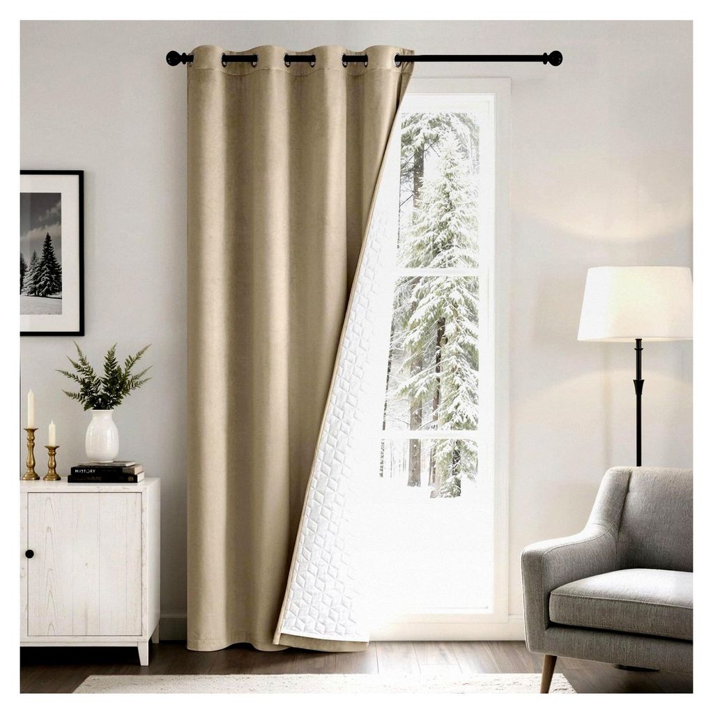 Blickdichte Vorhänge aus doppellagigem Samt, thermoisolierend, Kälteschutz, Verdunklungsvorhang, 1 Stück, Beige, H245xB132