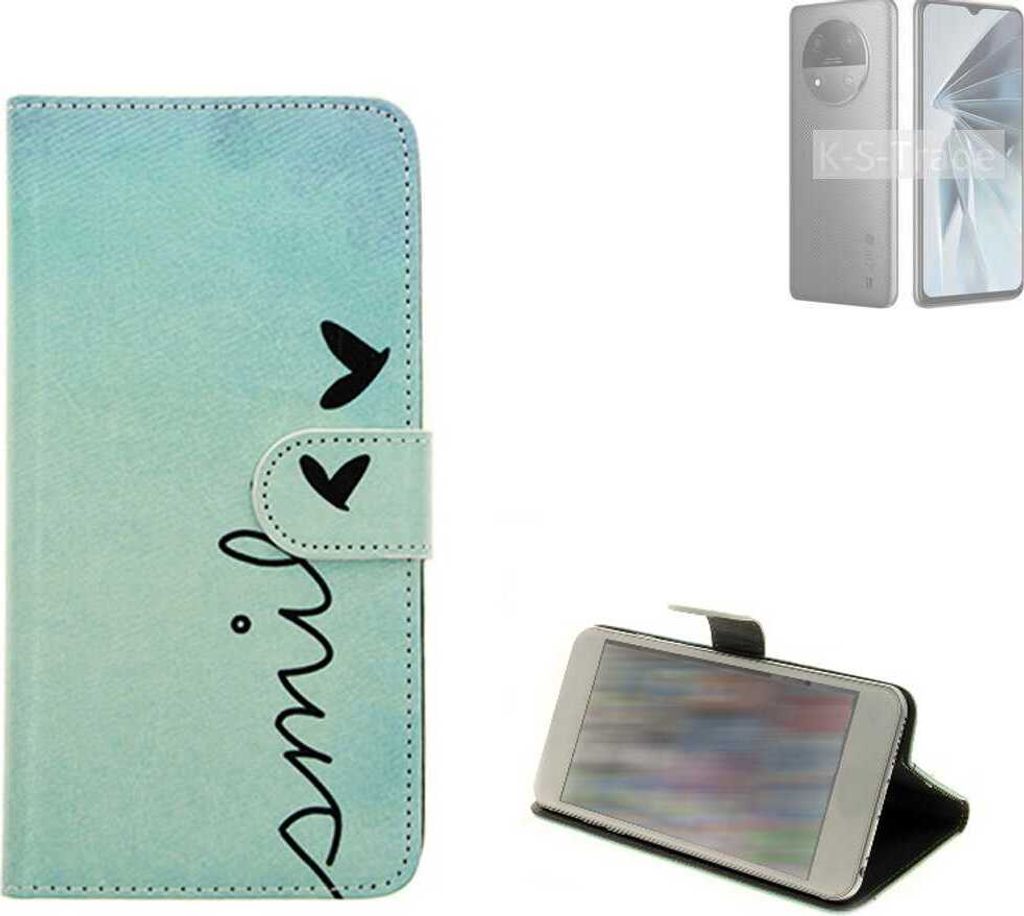K-S-Trade Schutz Hülle Handy Hülle kompatibel mit ZTE Extress 50 Hülle Handyhülle cover bookstyle Etui Handyhülle “smile“ türkis
