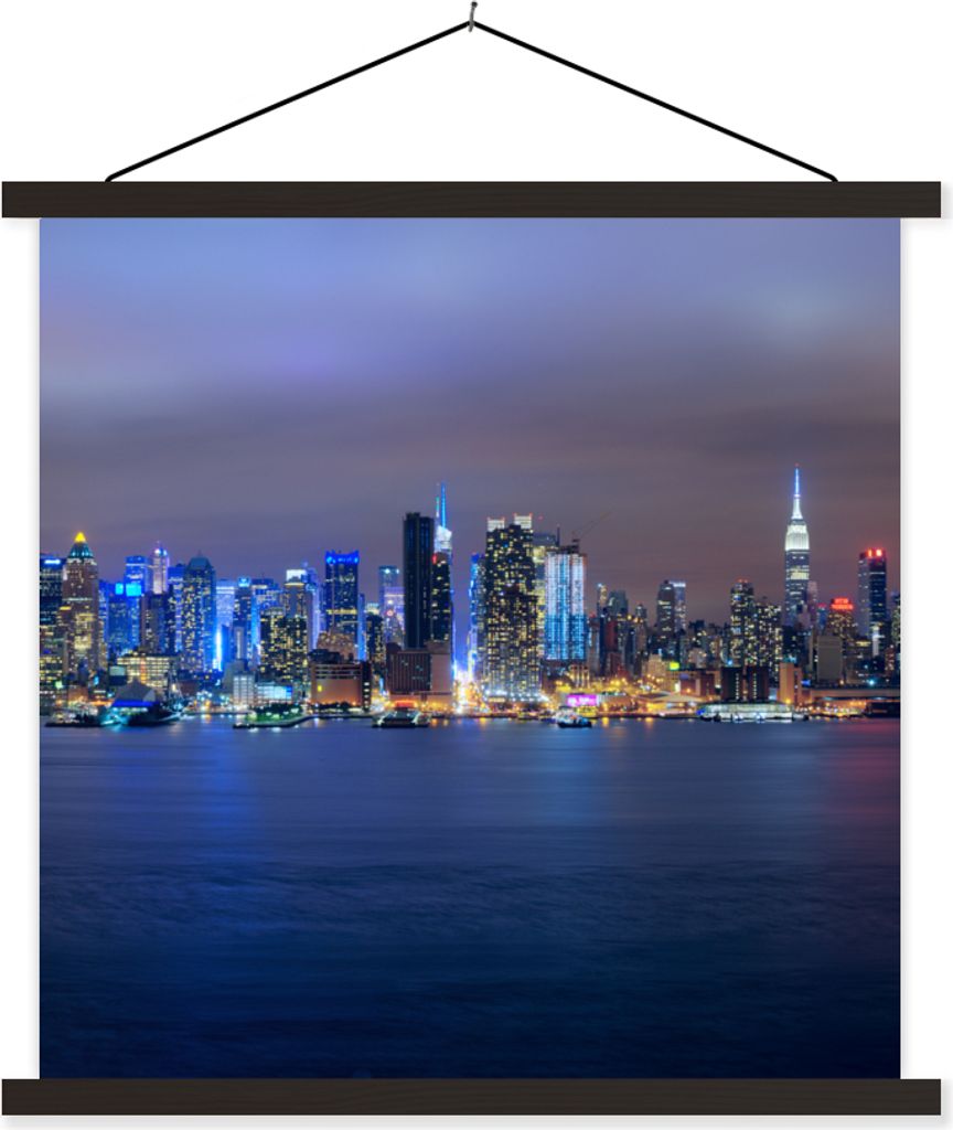 MuchoWow Textilposter New York - Skyline - Nacht 40x40 cm mit schwarzem Rahmen - Fotos