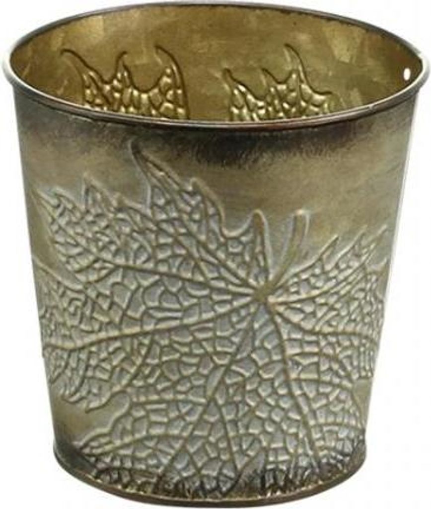 Pflanzgefäß mit Ahornblattdekor aus Metall für herbstliche Dekoideen