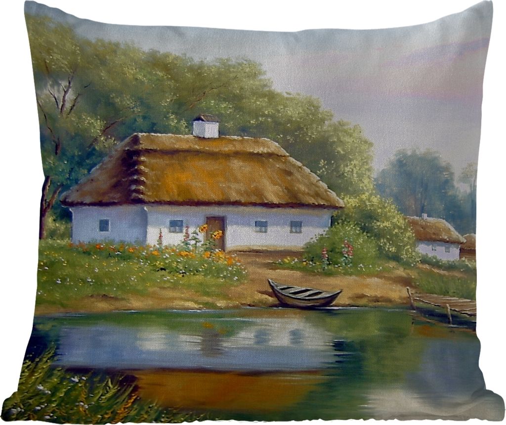 MuchoWow Outdoor Kissen - Malerei - Haus - Natur - Wasser - Ölfarbe - 60x60 cm - Wetterfest - Lounge Kissen - Dekoration - Schlaf Kissen