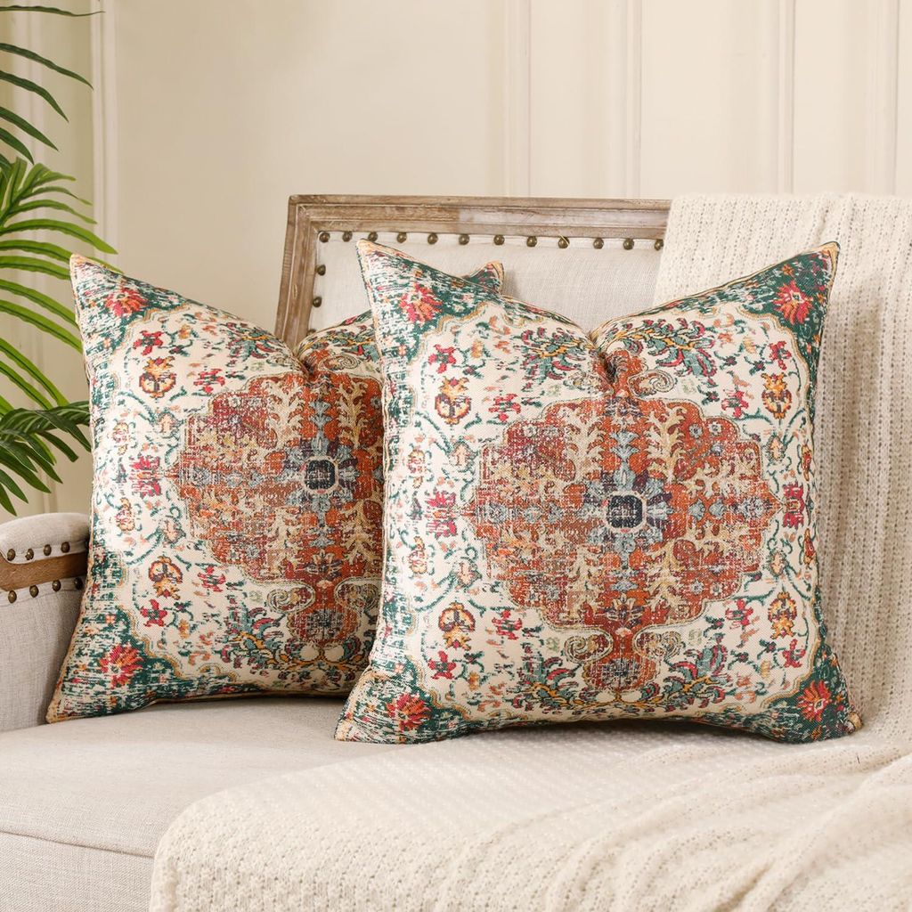 Set mit 2 ethnischen Kissenbezügen, grün, 40 x 40 cm, Boho-Kissenbezüge, Sofakissen, doppelseitiges Muster, dekorative Kissen im Bohème-Stil, o...
