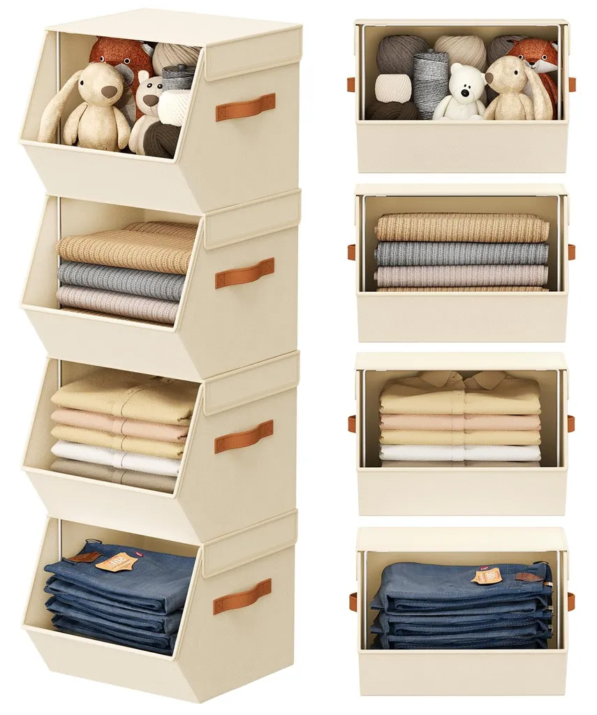 Lot de 4 Boîtes de Rangement avec Couvercle 30x25x25 cm en Tissu Gris