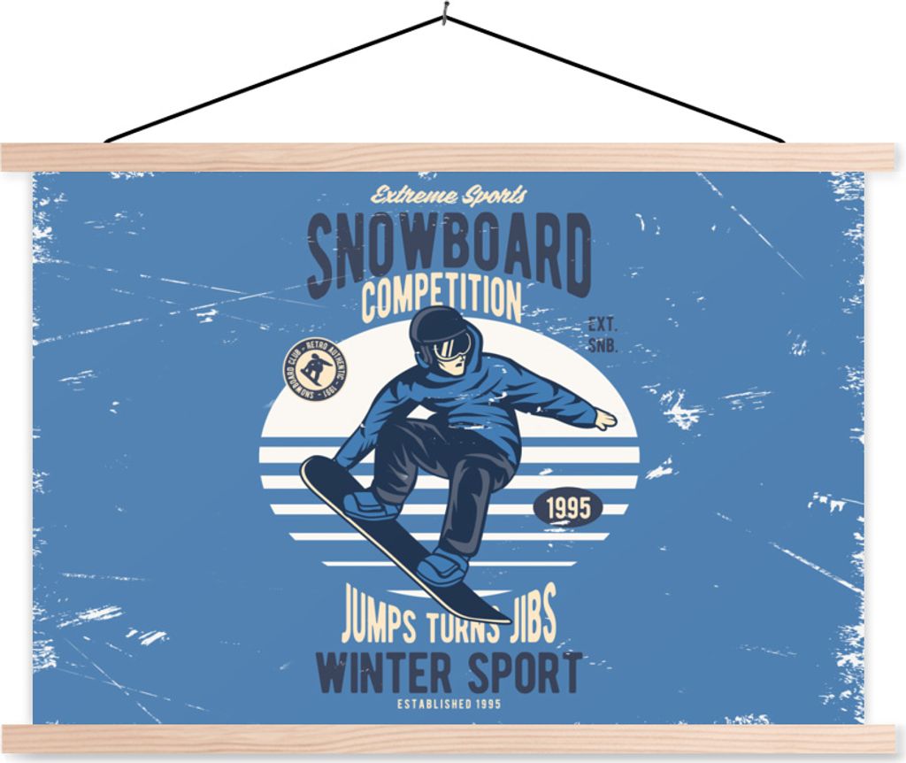 MuchoWow Textilposter Snowboard - Mann - Vintage 120x80 cm mit holzfarbenen Rahmen - Aufhängeset