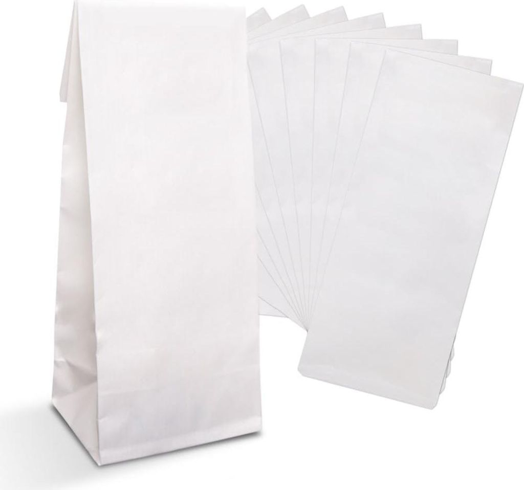 Kleine weiße Blockbodenbeutel - Lebensmittelbeutel mit Folie - 100 Stück 7x4x20,5 cm