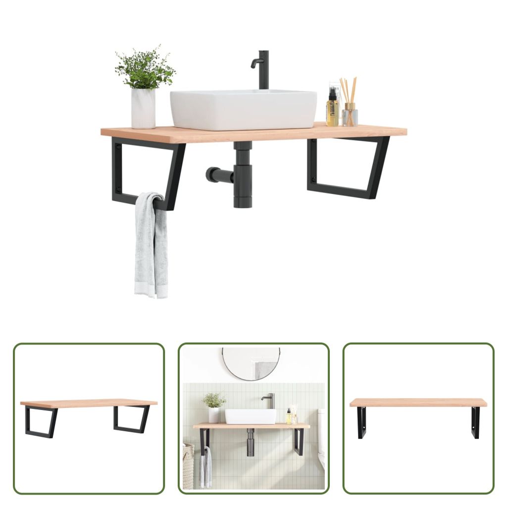 The Living Store Waschbeckenregal Wandmontage Stahl und Massivholz Buche