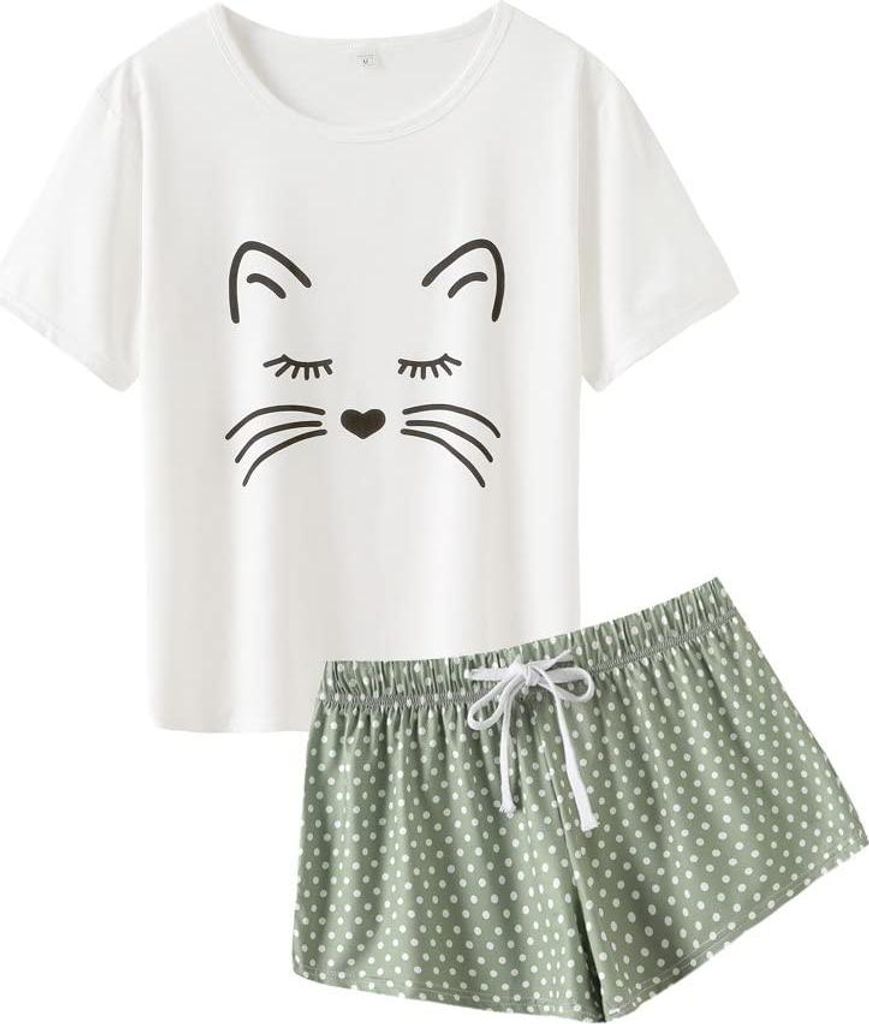Damen Pyjama Zweiteilig Grün mit Panda Aufdruck T-Shirt und Shorts 42