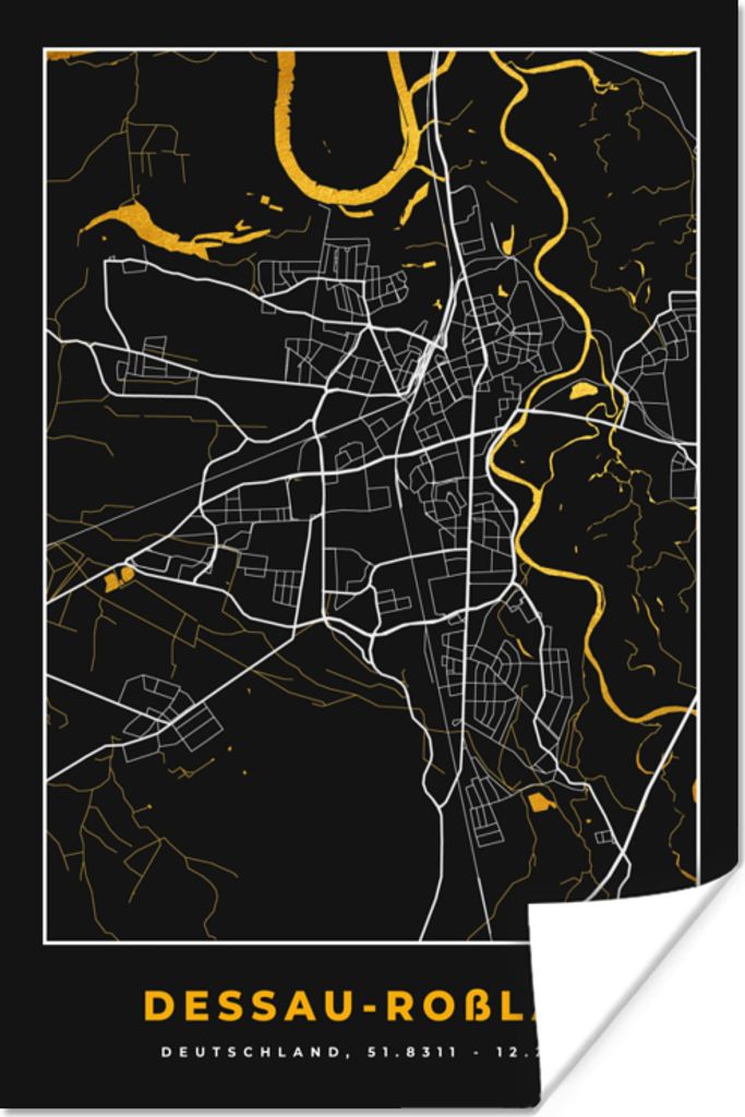 MuchoWow Poster Schwarz und Gold - Stadtplan - Desseau Roßlau - Deutschland - Karte 120x180 cm - Kunstposter