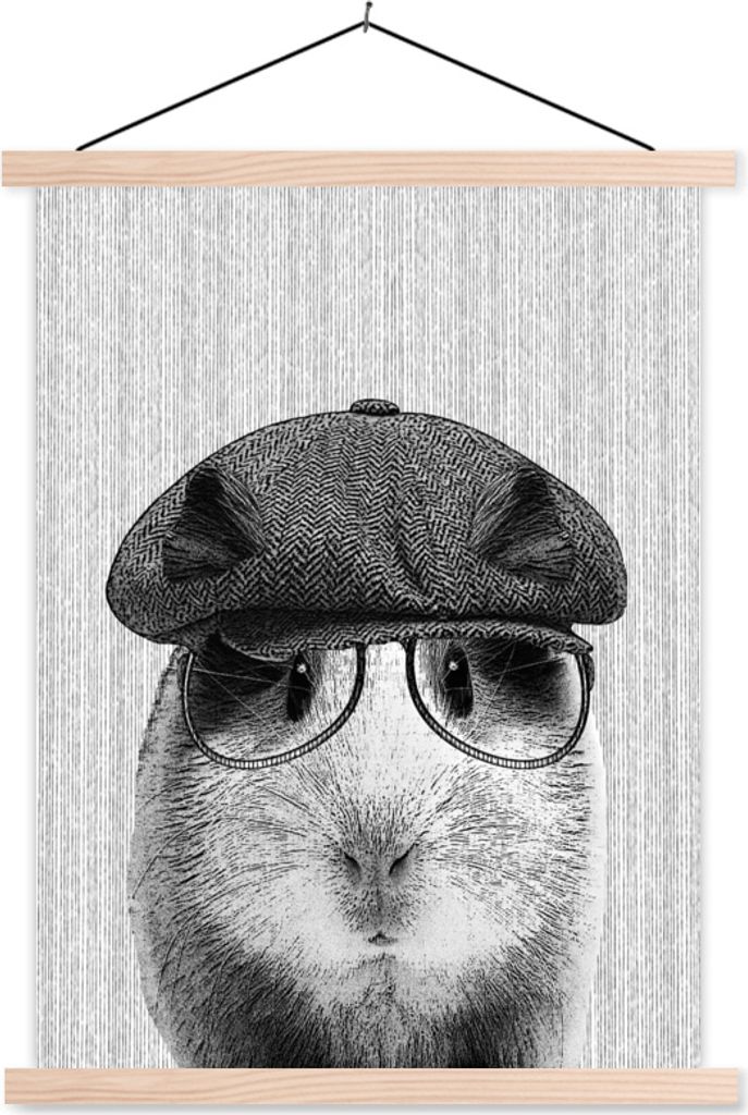 MuchoWow Textilposter Meerschweinchen - Baskenmütze - Brille - Hipster 60x80 cm mit holzfarbenen Rahmen - Wandbild