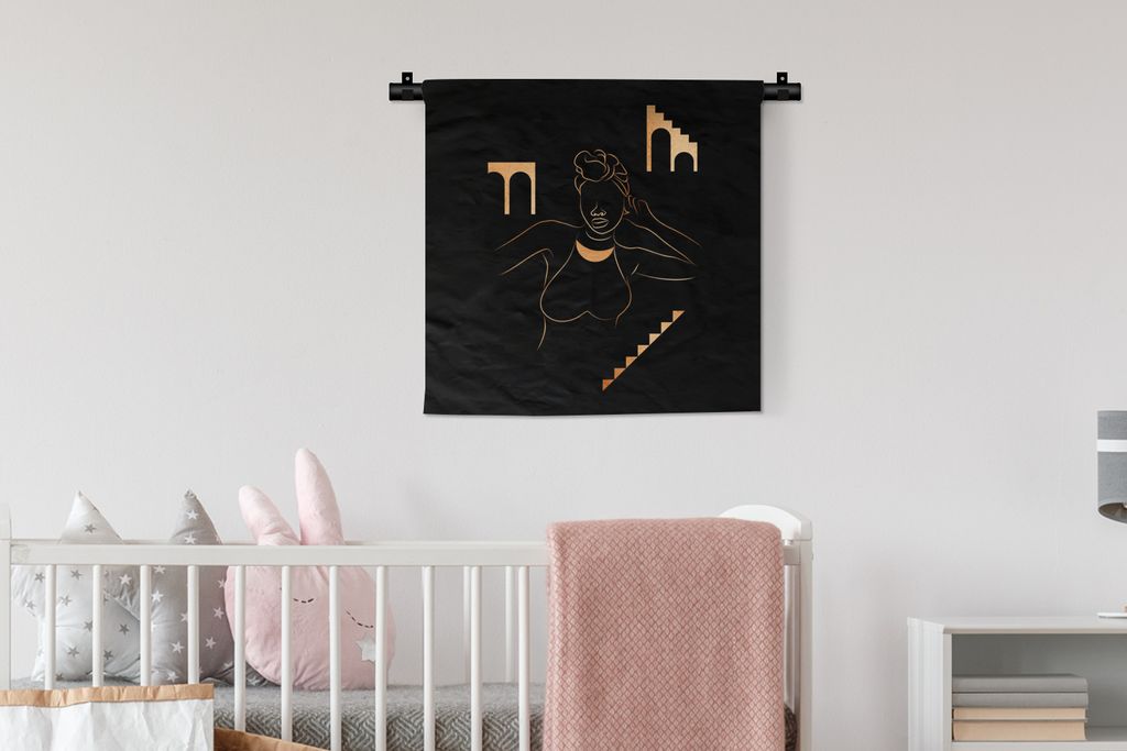 MuchoWow Wandteppich Wandbehang Frau - Gold - Schwarz - Strichzeichnung 60x60 cm Tapisserie Dekoration Wandtuch - Dekorationen - Wand Decke