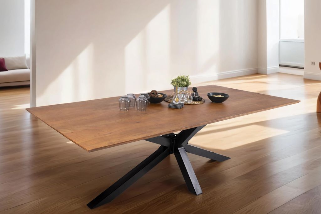 Esstisch 260x100 cm Abby, Akazienholz massiv + nussbaumfarben, Esszimmertisch mit Schweizer Kante, Spider-Metallgestell Schwarz, massiver Holztisch...