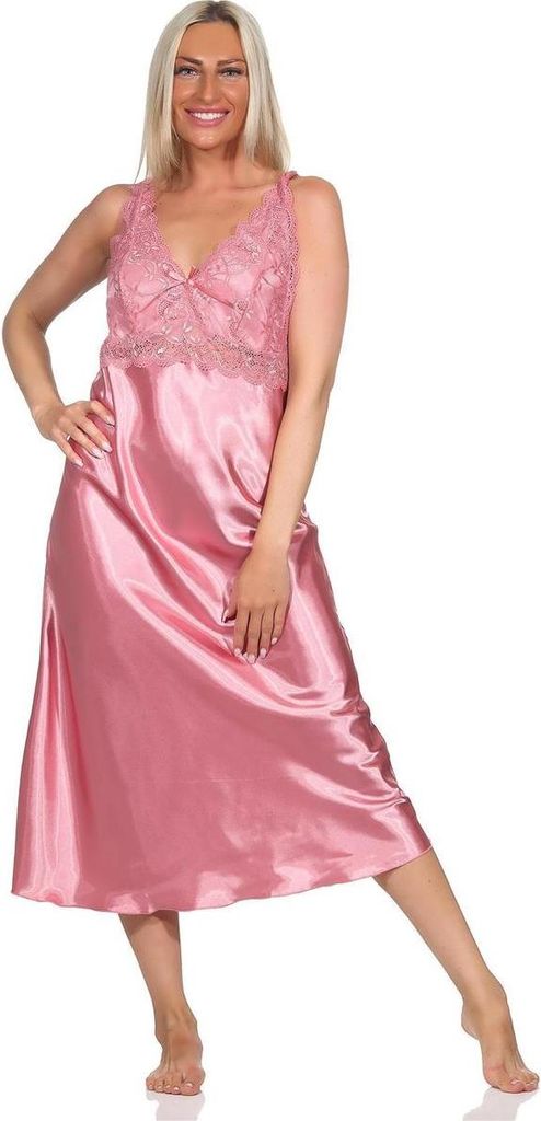Damen Negligé Satin Nachtkleid Reizwäsche mit Spitze; Altrosa/S