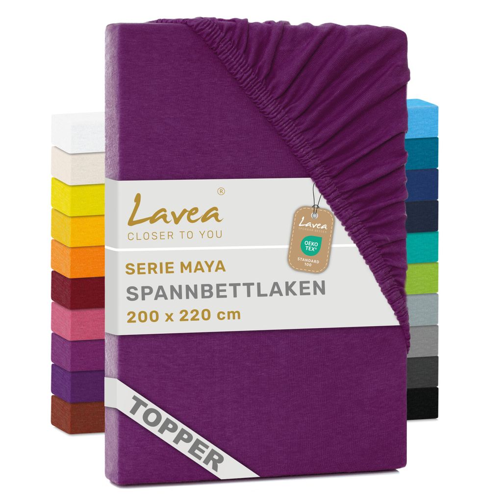 Lavea Topper Spannbettlaken 200x220 cm Maya Jersey, Bettlaken 100% Baumwolle, Bettbezug Matratzen bis 10 cm, Spannbettücher, Fliederlila