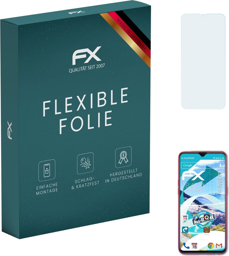 atFoliX FX-ActiFleX 3x Schutzfolie kompatibel mit Oppo F9 Folie