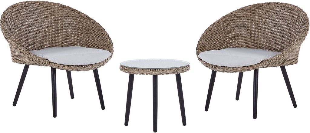 BELIANI Gartenmöbel Set Natürlich 2-Sitzer Rattan Stahlgestell Runder Tisch Sicherheitsglas Inkl. Auflagen in Hellbeige Terrasse Outdoor Modern