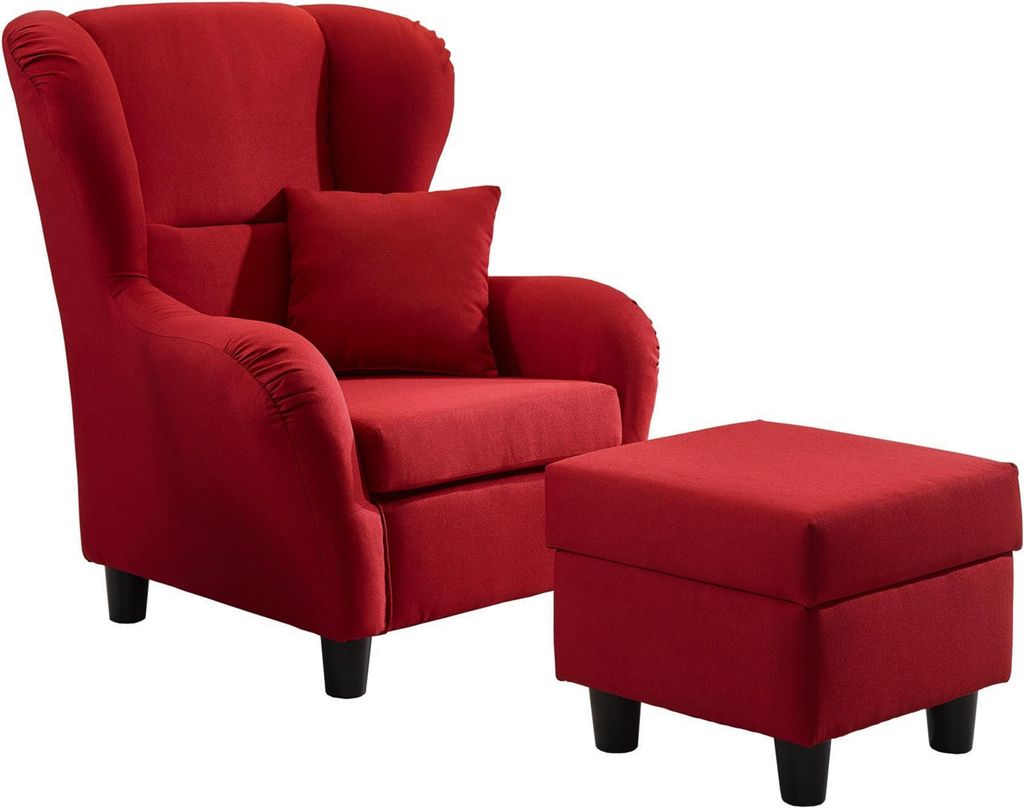 Ohrensessel mit Hocker Landhaus Polster-, TV-, Lesesessel Strukturstoff in Rot / 18002
