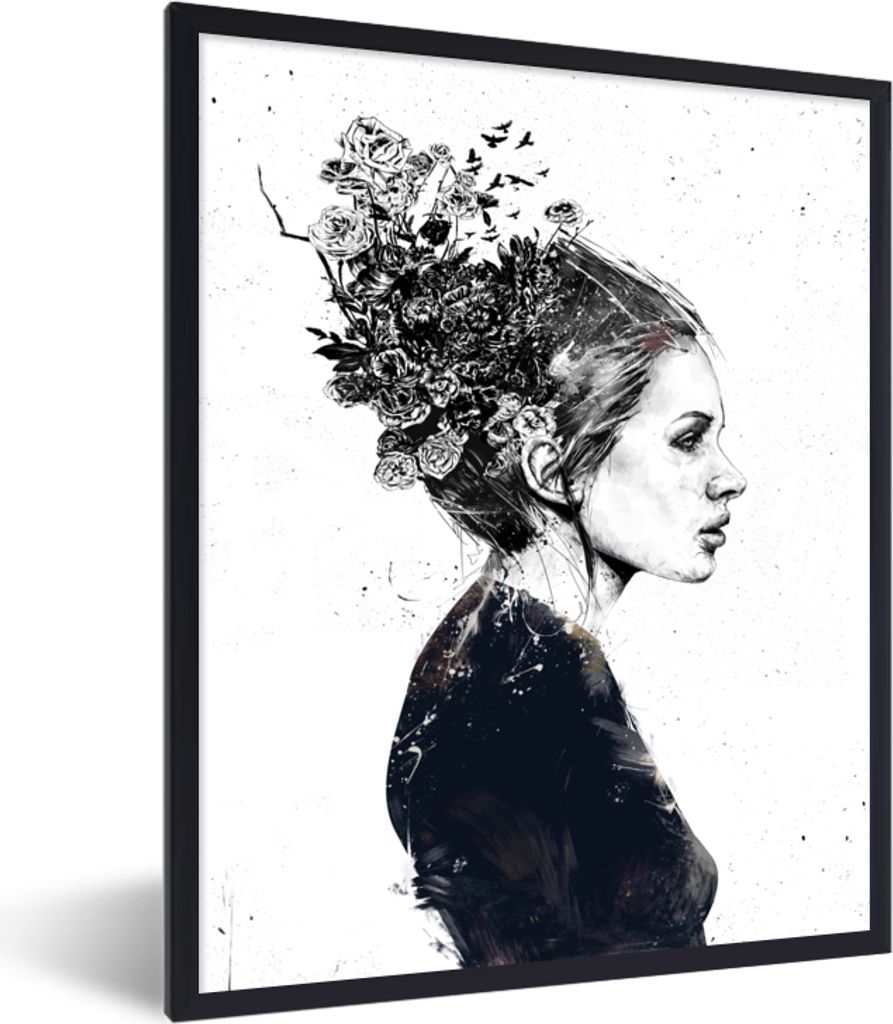 MuchoWow Gerahmtes Poster Frau - Blumen - Natur - Porträt 60x80 cm - Poster mit Schwarzem Bilderrahmen Wandposter Rahmen Foto Bilder - Premium -...