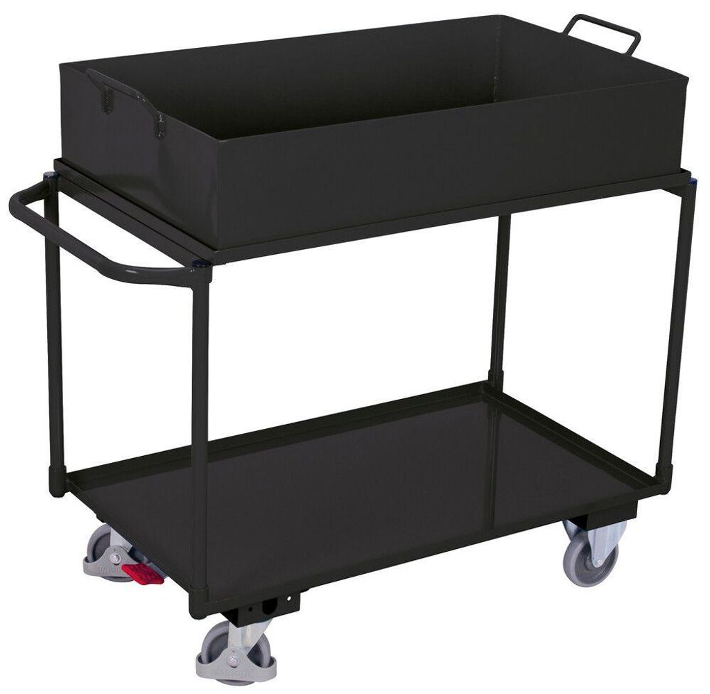 VARIOfit Tischwagen mit abnehmbarer Wanne, Schiebegriff und 2 Ladeflächen 995x595mm RAL 7016 Anthrazitgrau