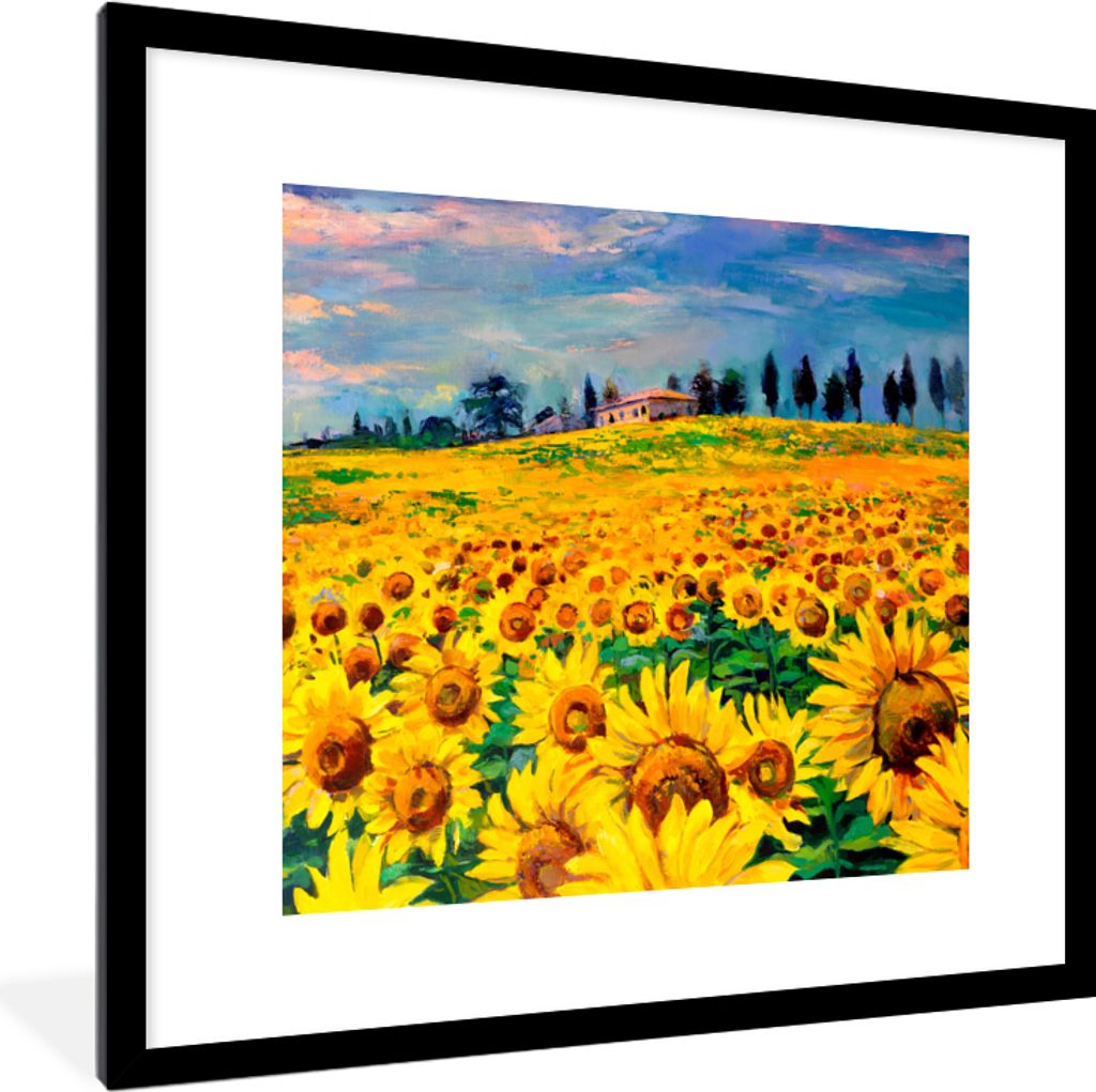 MuchoWow Gerahmtes Poster Ölfarbe - Gemälde - Blumen - Sonnenblume 40x40 cm - Poster mit Schwarzem Bilderrahmen Wandposter Rahmen Foto Bilder -...