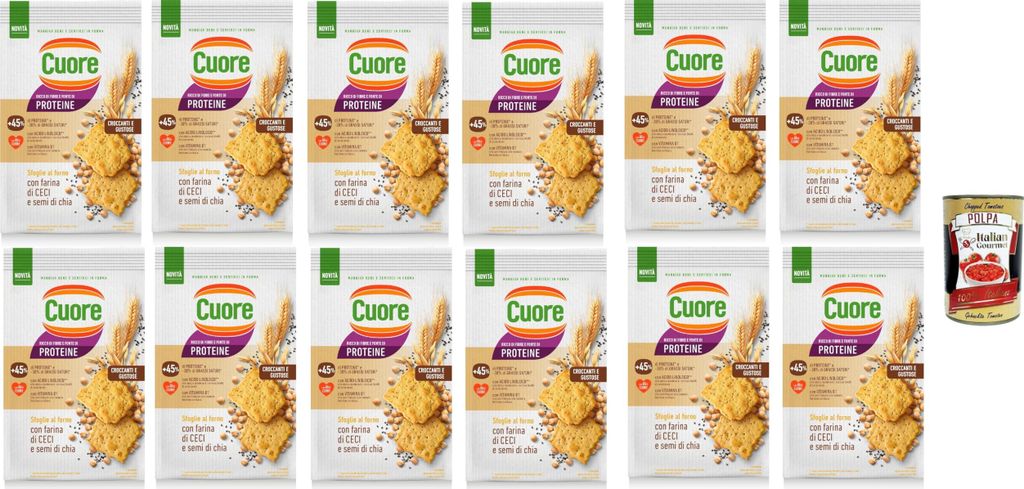 Crackers sfoglie cotte Cuore con farina di fagioli e di grano saraceno, Crackers Blätter mit Mit Kichererbsen mehl und Chiasamen, 12x 170g + Itali...