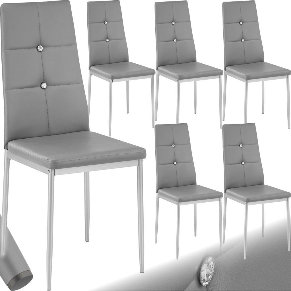 A set of six gray dining chairs arranged in two rows.