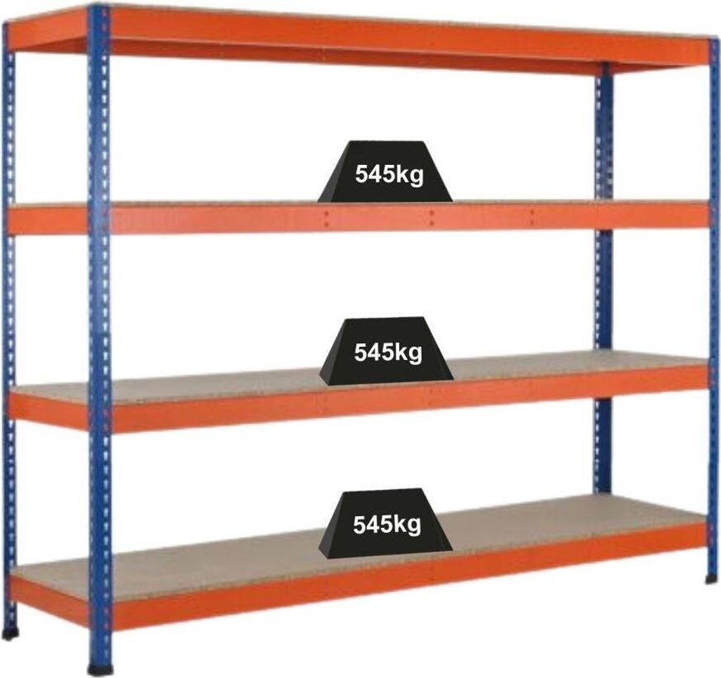 Schulte Weitspannregal mit Spanplatten Z1 | HxBxT 304,8x245x62cm | 4 Ebenen | Fachlast 545kg | Blau/Orange/Verzinkt