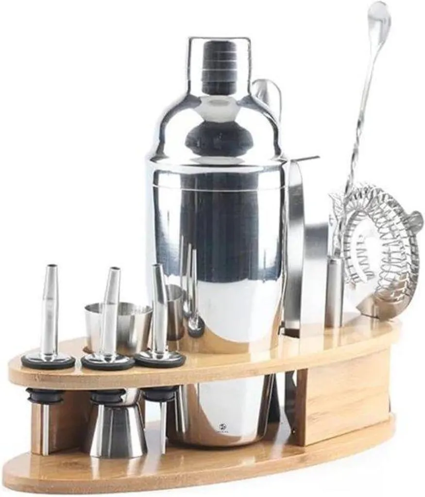 Set de barman 12 pièces avec shaker 750ml et support en bambou naturel