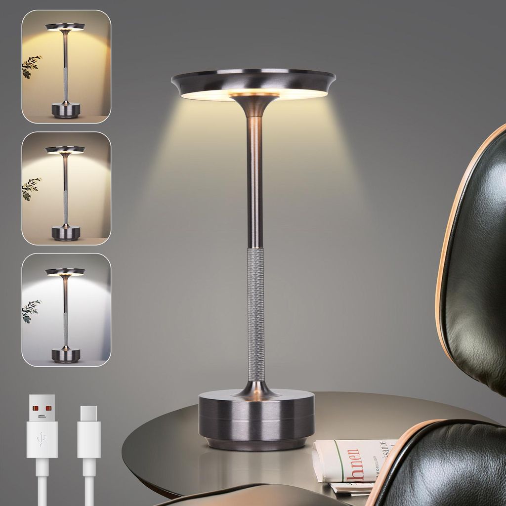 LED Tischlampe Kabellos Akku 3 Farbtemperaturen Dimmbar Tischleuchte Aufladbar Nachttischlampe Wasserdicht für Innen Außen, Grau