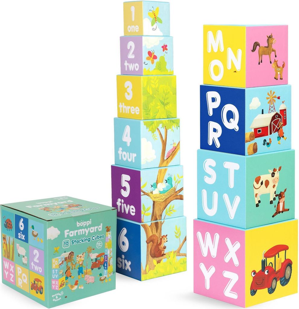 boppi Stapelwürfel Spielzeug mit Bauernhoftiere Buchstaben Zahlen, Montessori Würfel Stapelspielzeug ab 1 Jahr Stapelturm als Motorikspielzeug