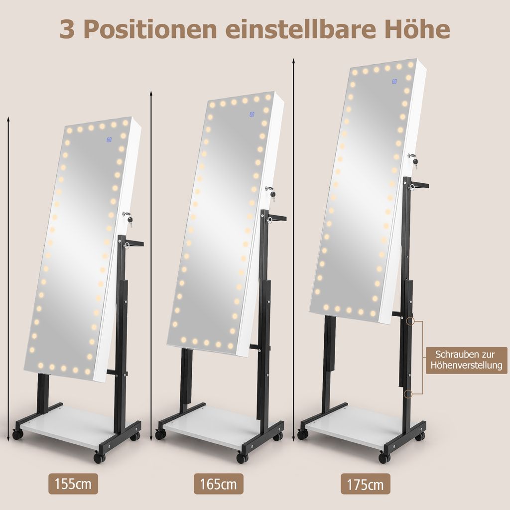 GOPLUS Schmuckschrank mit LED, Spiegelschrank mit Rollen & Produktbild 7